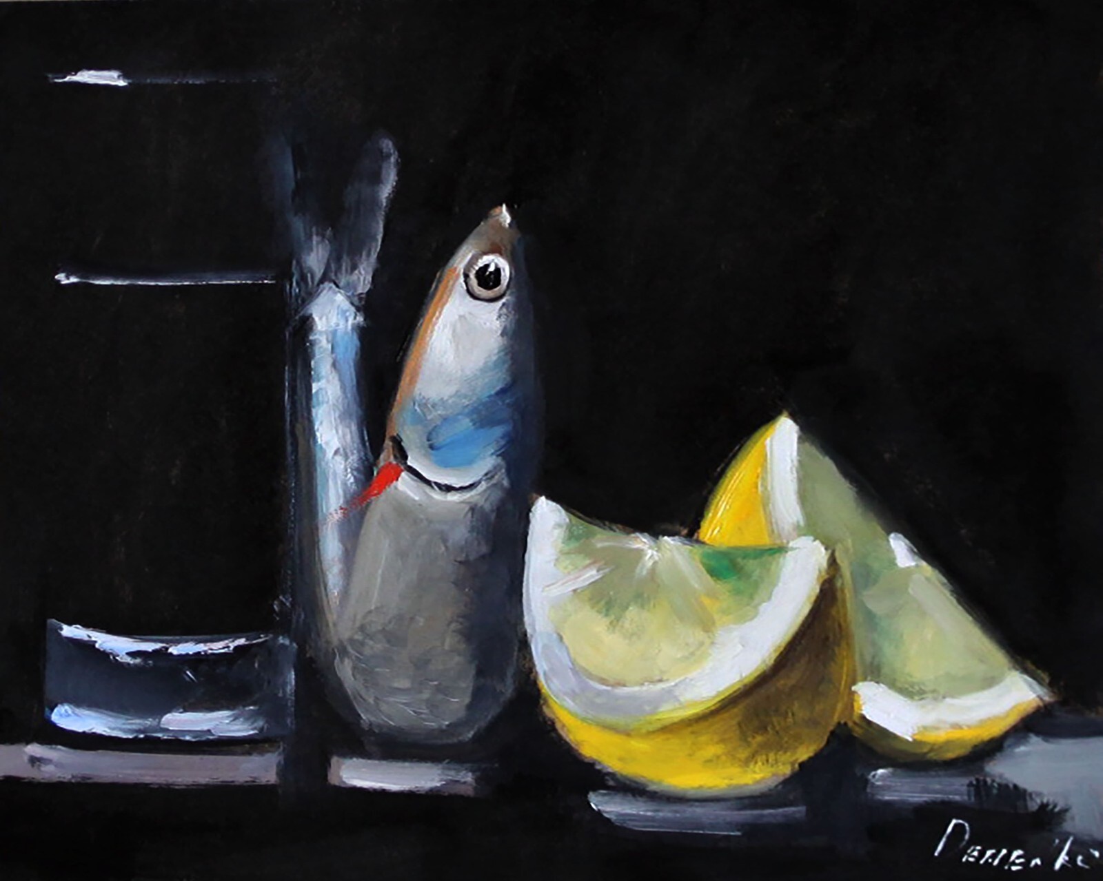 Still Life LEMON AND FISH Oil painting by Natalia Demenko 8×10