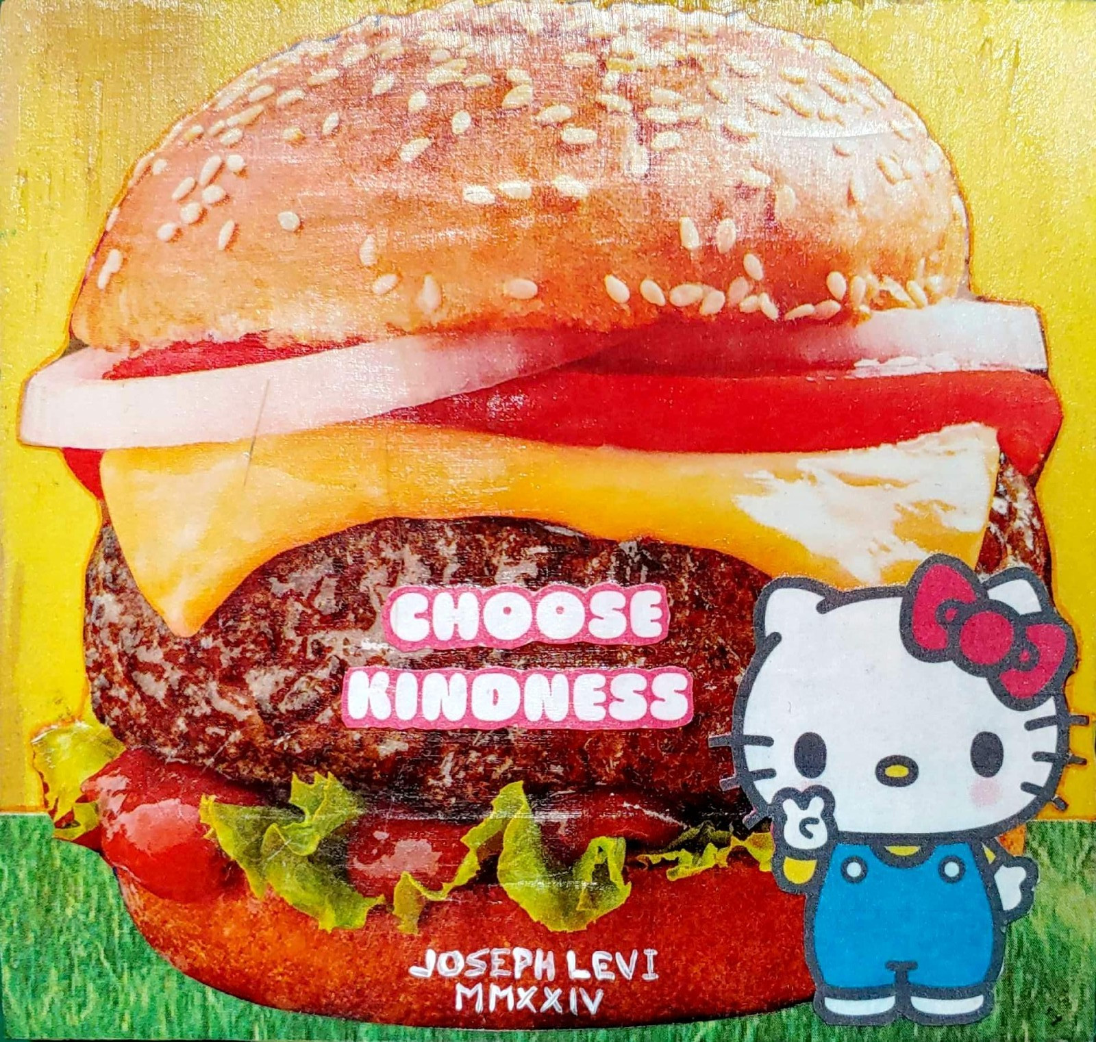 Colorful Modern Art Sanrio Hamburger Original Mixed Media Collage on Wood Panel