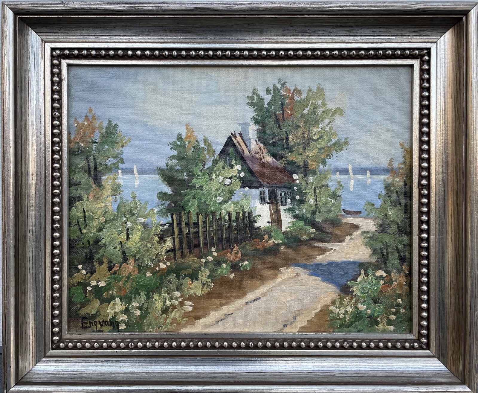 Impressionist Summer Landscape Cottage With Garden By The Sea Coast Sailboats
