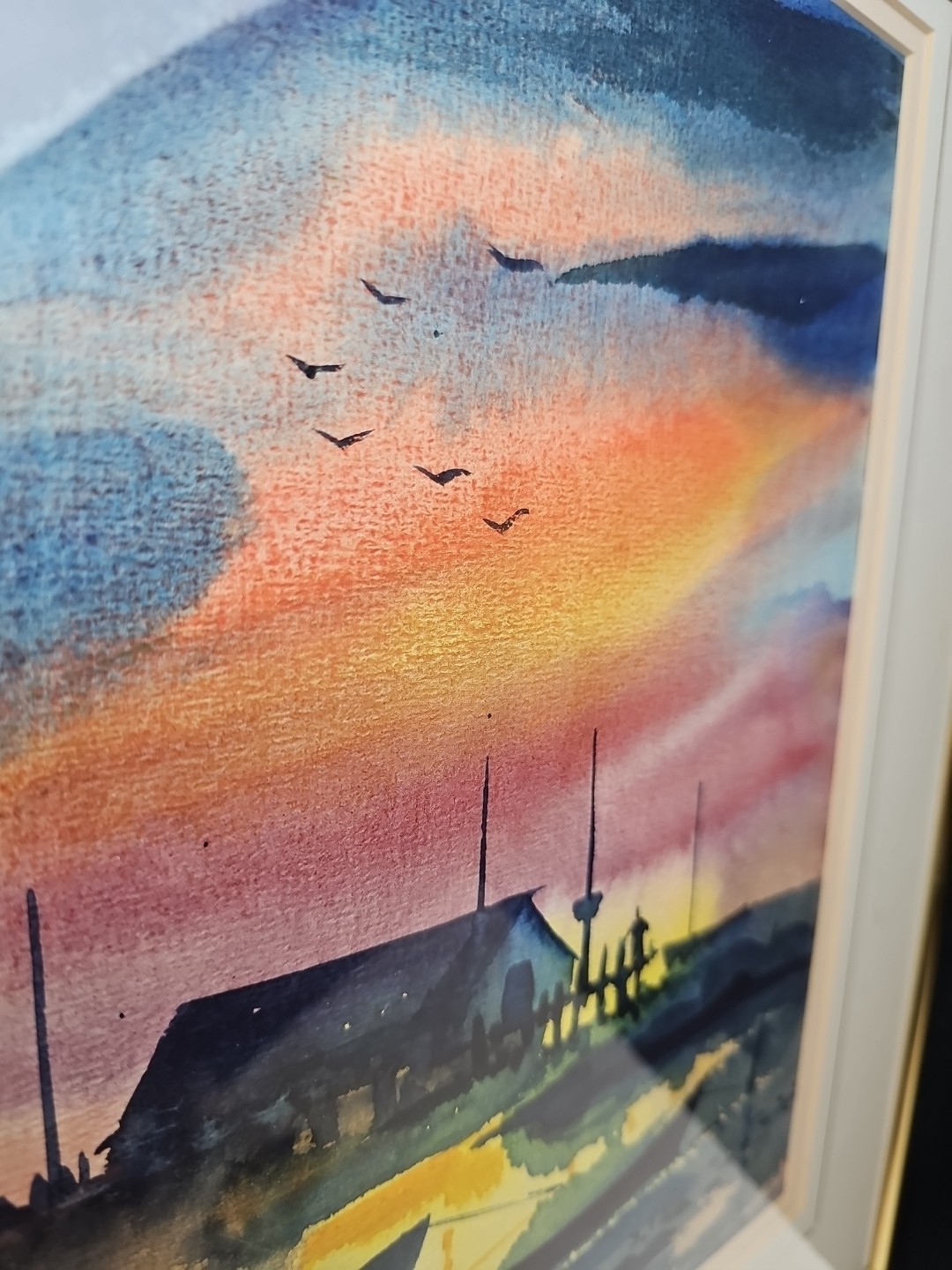 Vintage Watercolor Painting Sunset Ocean Fishing Boats Signed Art Framed 1972