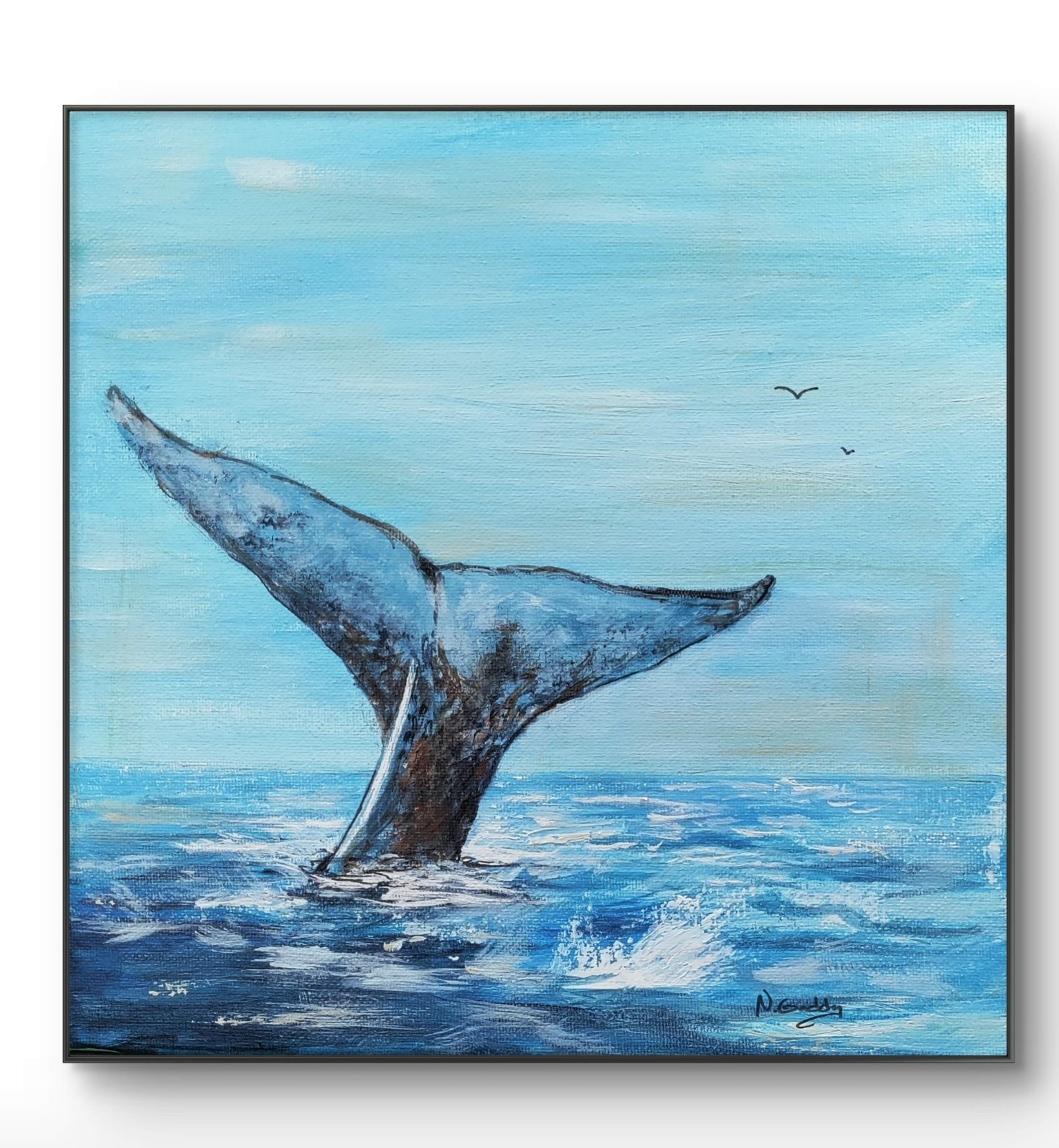 Original Contemporary Minimalist 10 x 10 Whale Tail Acrylic Canvas Wall Painting