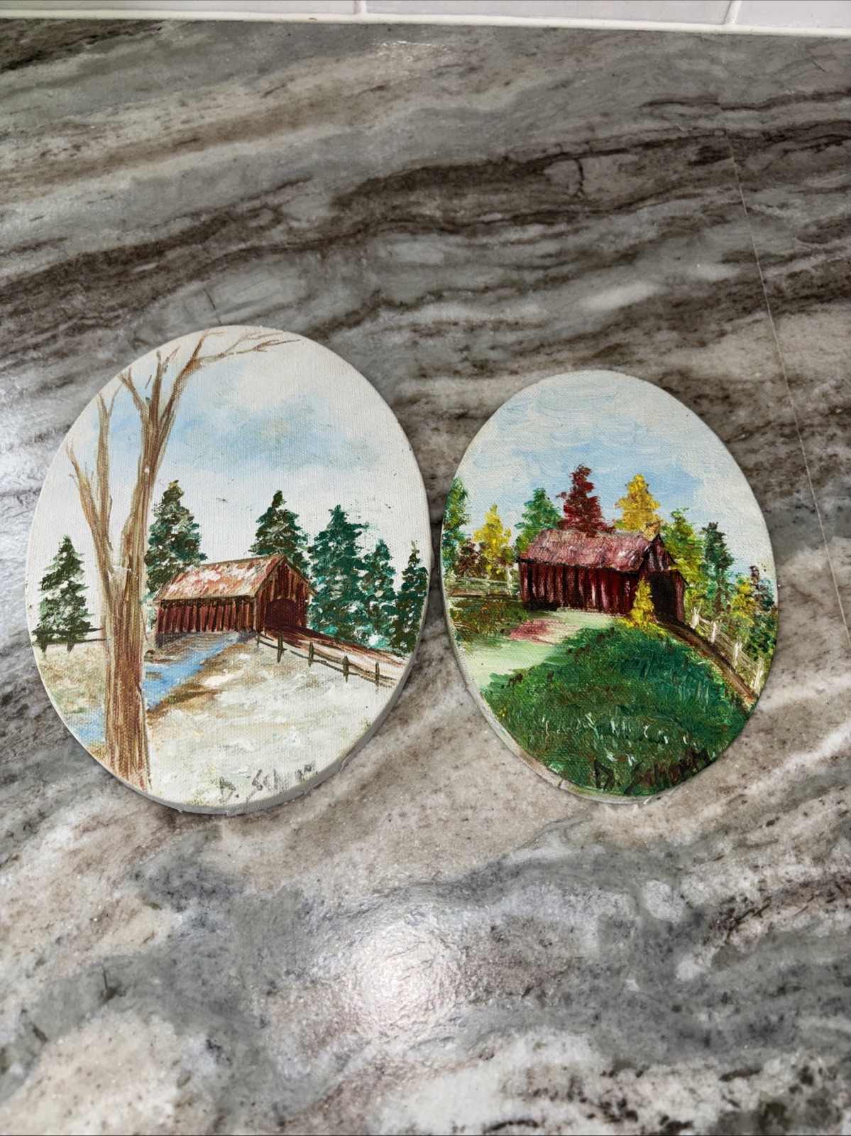 Set Of 2 Vintage Oval Canvas, Hand Painted Country Scenes
