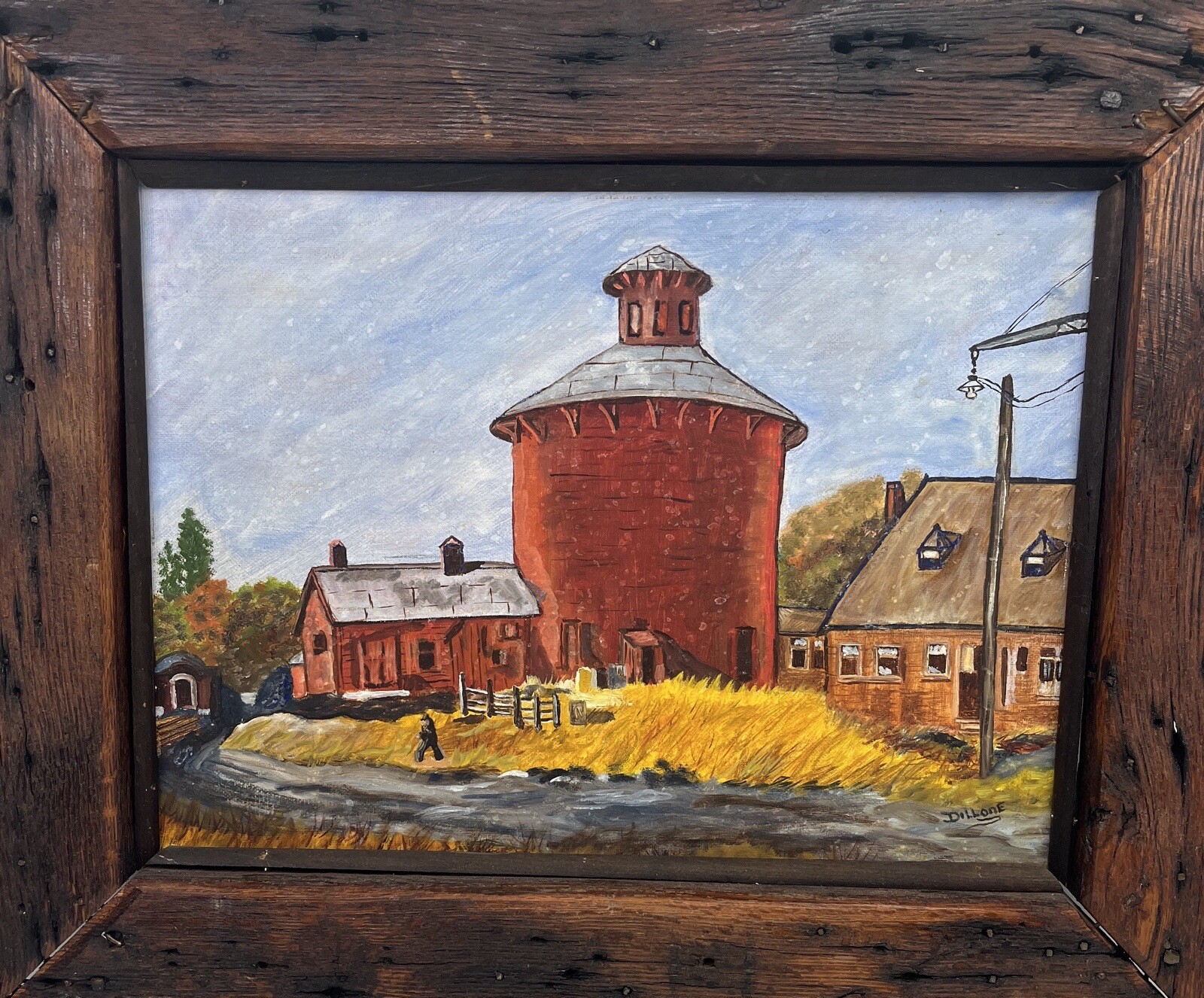 VTG Oil Painting Rustic Barn Country Barnwood Framed 17″ x 14″ – Signed Dillone