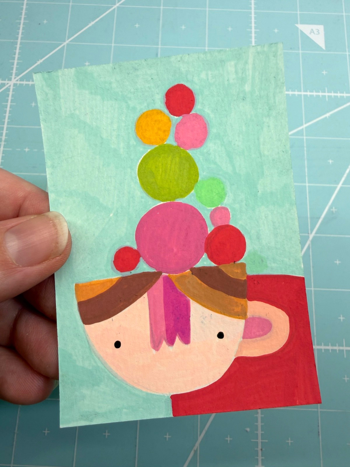 ACEO Original Acrylic abstract portrait dots Painting Collectible Heavy Paper
