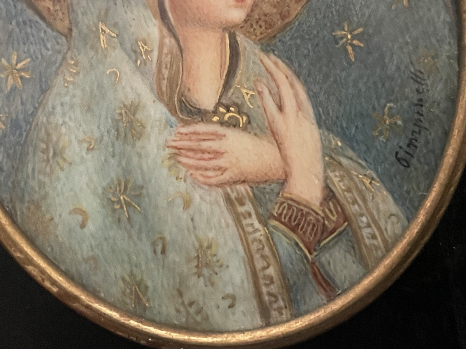 Antique Oval Portrait Miniature Virgin Mary Painting of Madonna of Peace
