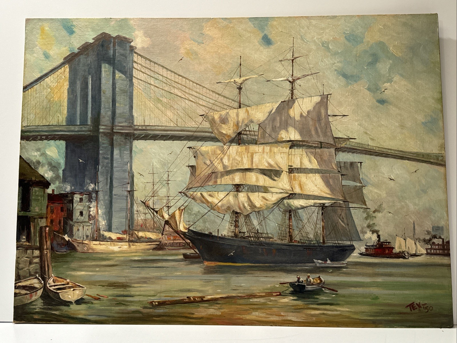 Antique Painting New York Bridge Regionalism Cityscape Wpa Brooklyn Large Oil