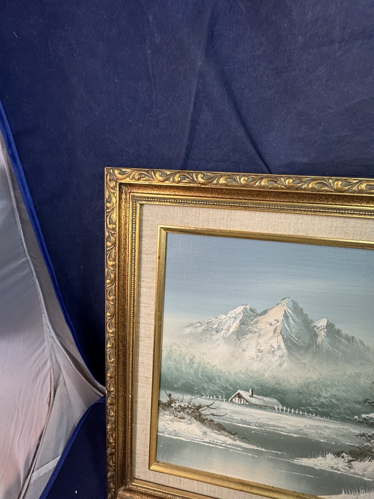 Winter Scene Painting -Snow covered Cabin with mountains, water and trees Signed