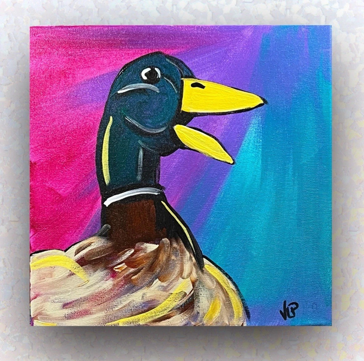 Mallard Duck Whimsical Colorful Acrylic 12×12” Canvas VLP Original Signed COA