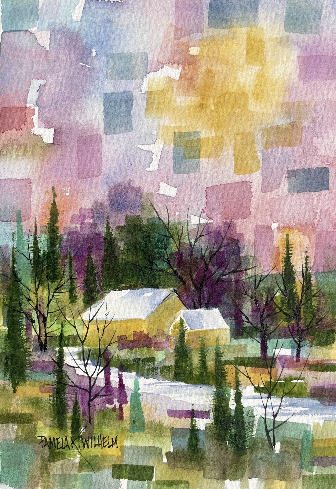 5”X 7” Original Watercolor Pamela Wilhelm Colorful Mosaic Look Yellow House Tree
