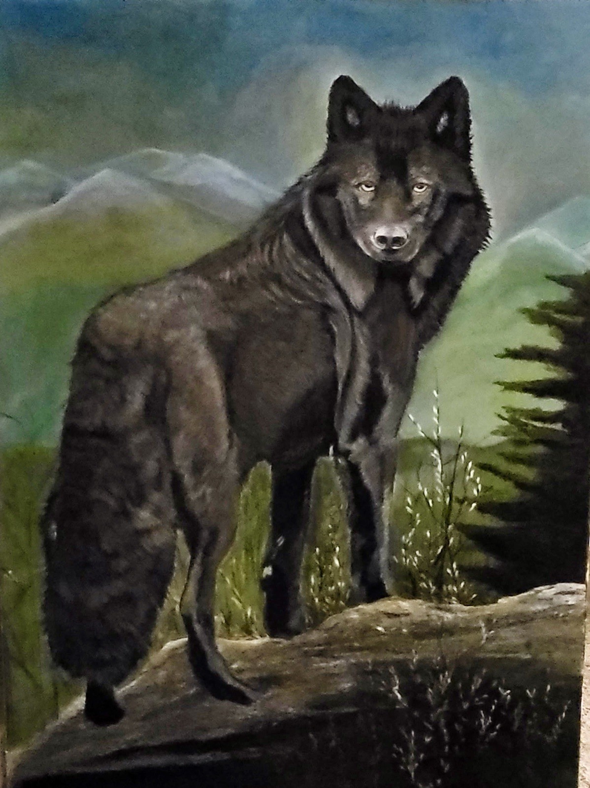 Original painting black wolf on canvas