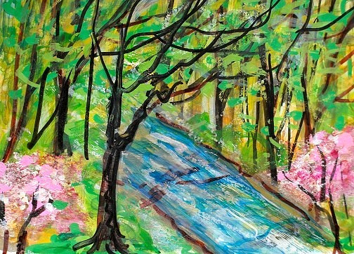 ACEO Original PAINTING Spring FOREST Stream TREES Sun Nature Landscape ATC ART