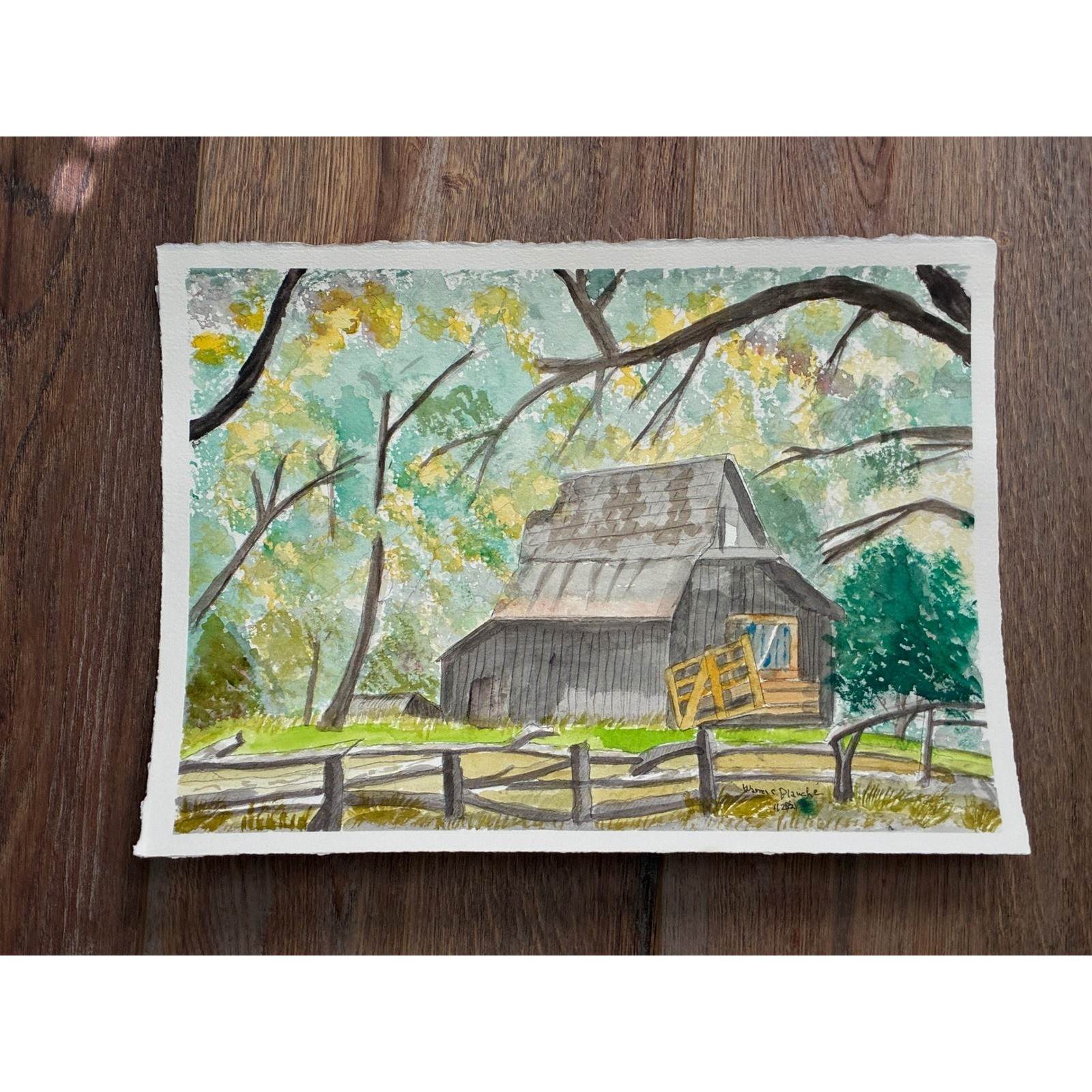 Hideaway at Lake George Watercolor Barn Signed 2021 11×15 Warren C Plauche