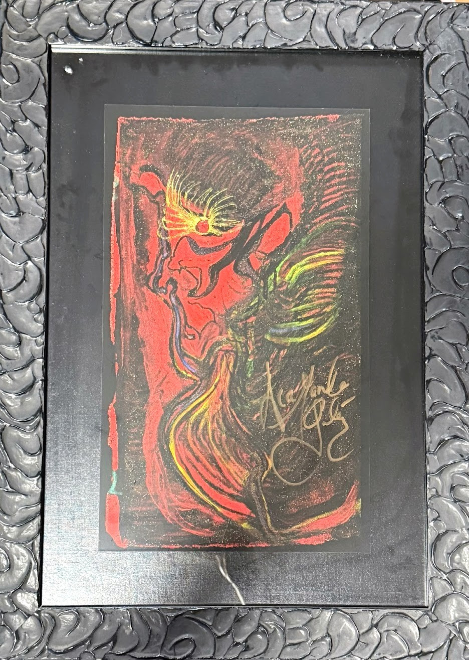 Diamanda Galás Original Signed Painting – Red Expressionist Art in Gothic Frame