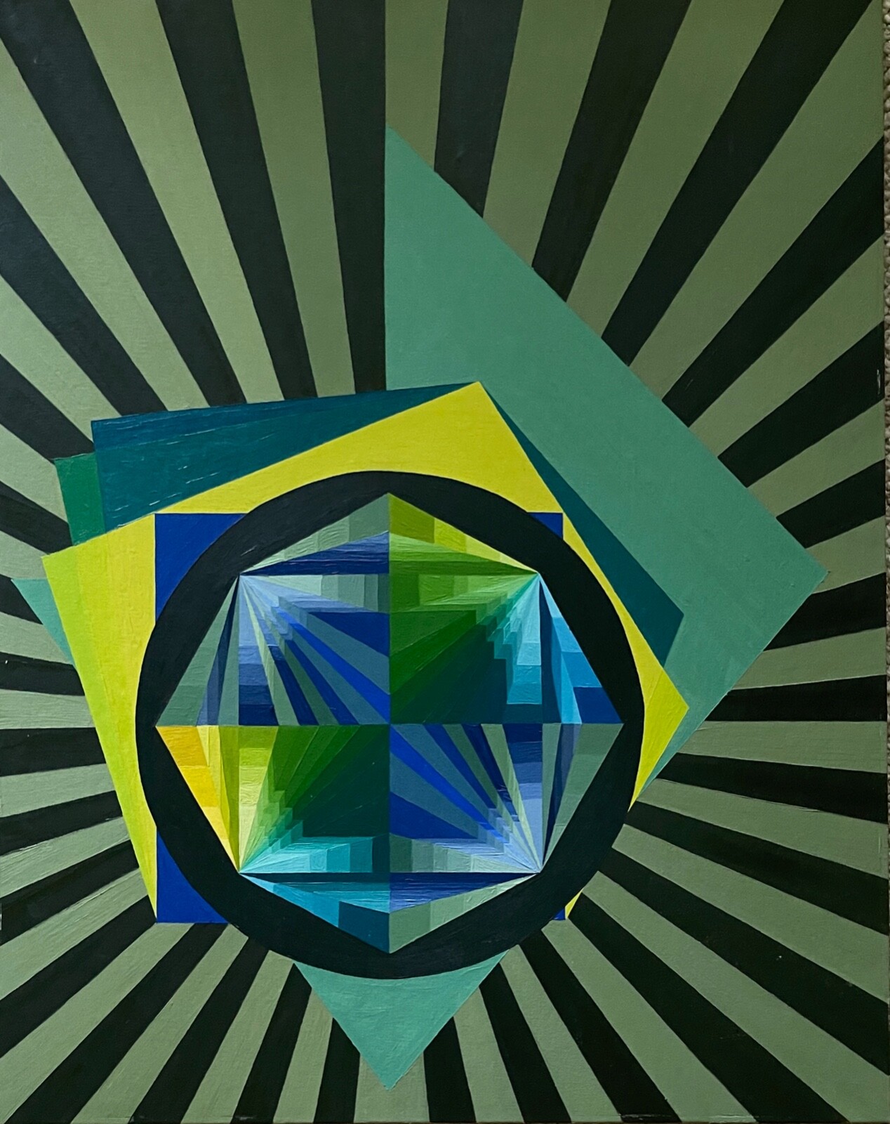 VIntage 80s Geometric Optical Art Hard Edge Painting Modern Wall Hanging Signed