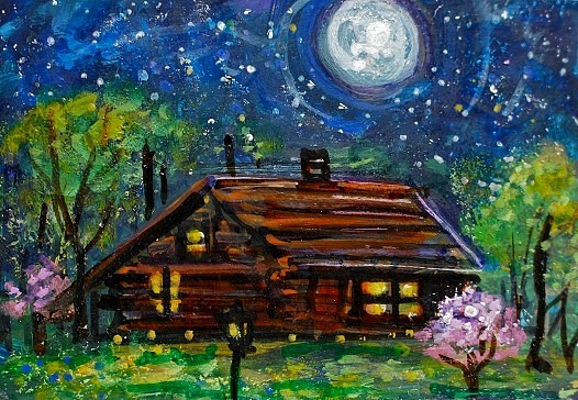 ACEO Original PAINTING Spring TREE Night Sky Moon CABIN Nature Landscape ATC ART