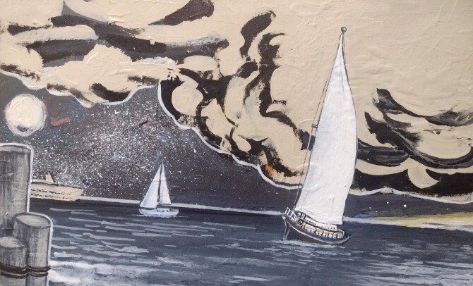 11 1/8 Inch x 6 13/16 Inch Ocean & Sailboat Painting by A. Avila