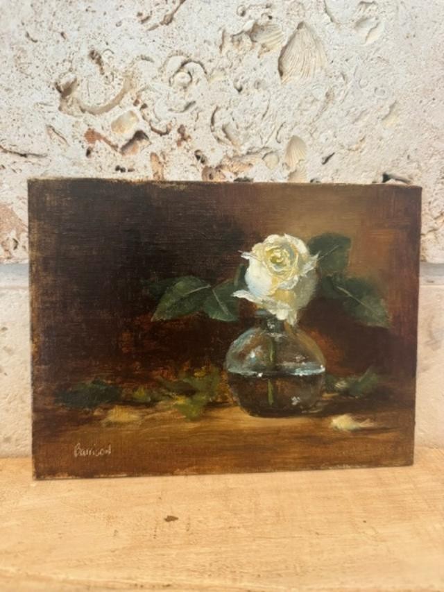 WHITE ROSE WITH GLASS BOWL OIL Painting Art Floral Still Life 6×8