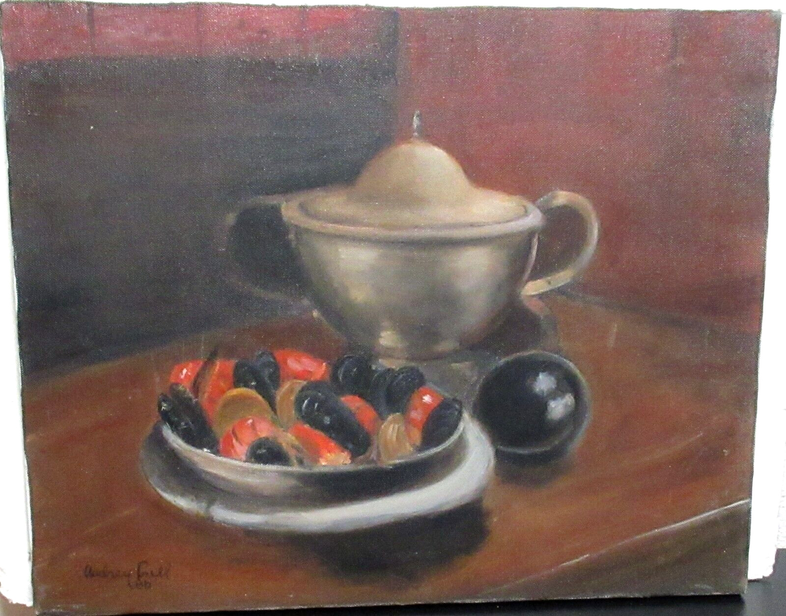 AUDREY PIELL OIL CANVAS STILL LIFE CLAIMS AND CRAWFISH PAINTING UNFRAMED