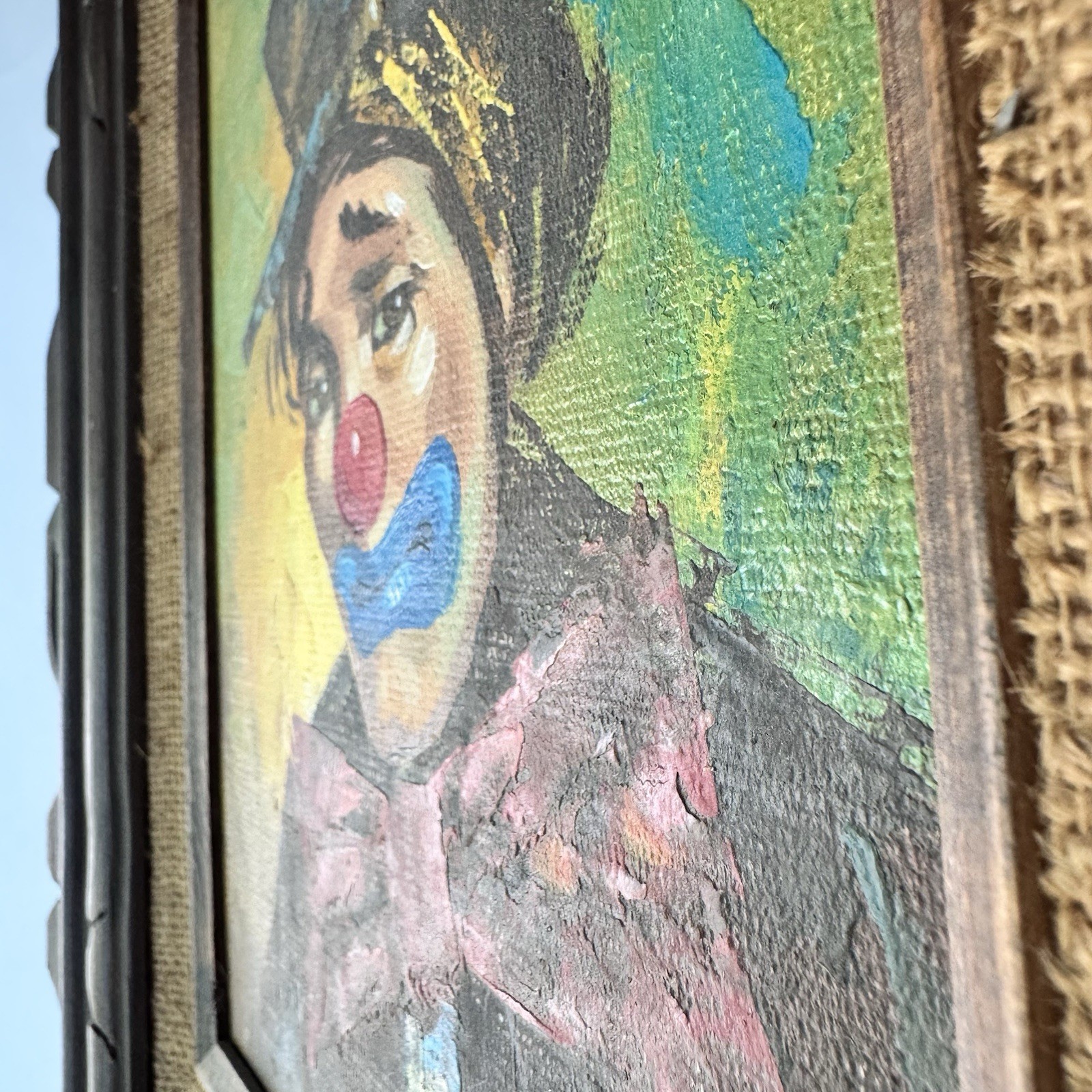 Vintage Framed Clown Painting Signed Wall Hanging Folk Art Mexico Colorful Sad
