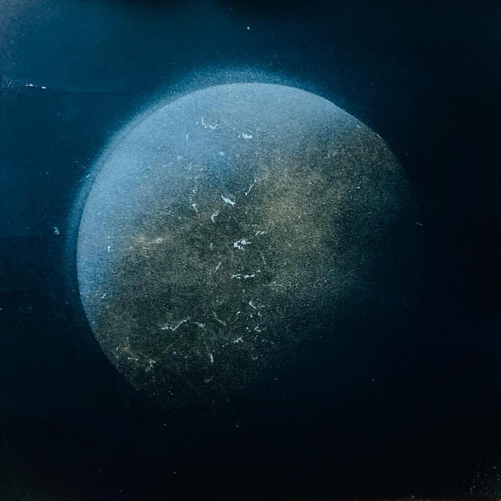 Golden Cosmos- Handcrafted Spray Painted Planet Art on Paper