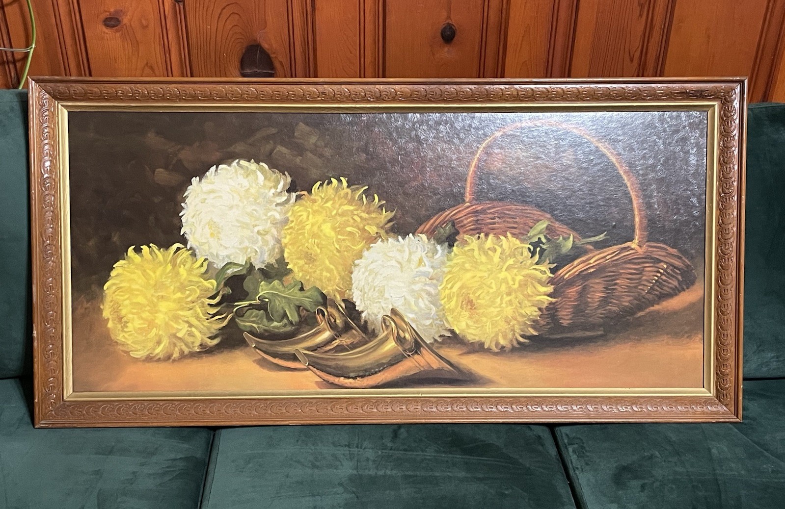 VTG Litho Golden & White Mums, Lee Reynolds STYLE, Carved Wood NO Glass, 23×43”