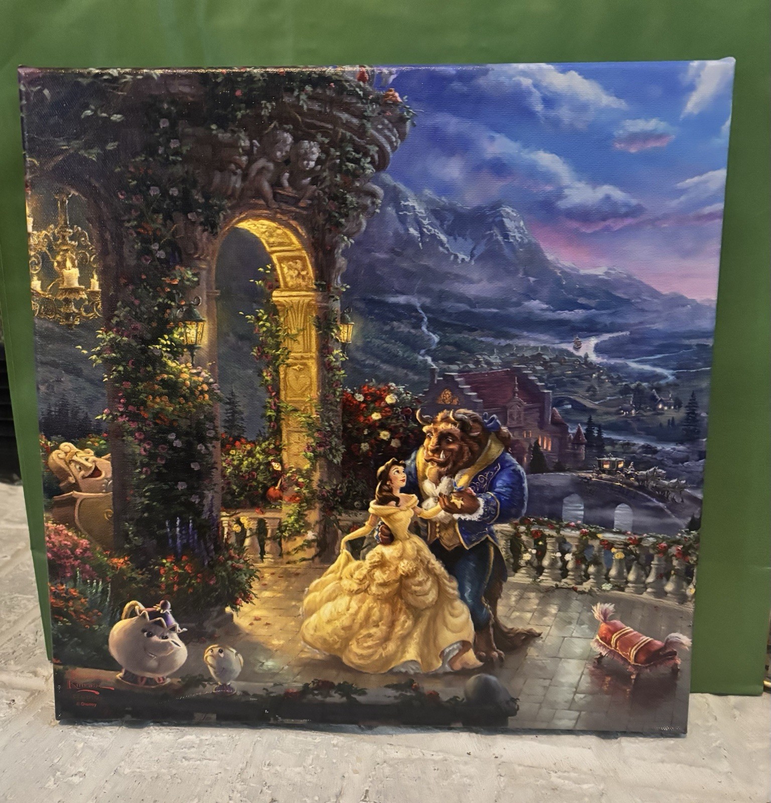Thomas Kinkade Studios Disney Beauty and the Beast Canvas Wall Art 14×14 COA EUC