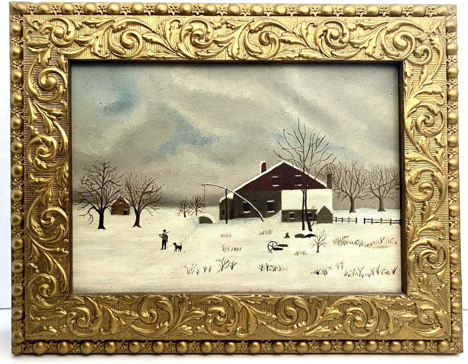 Vint. Orig. Art, Charming Primitive Winter Snow Scene-Master & Dog, Oil, Framed