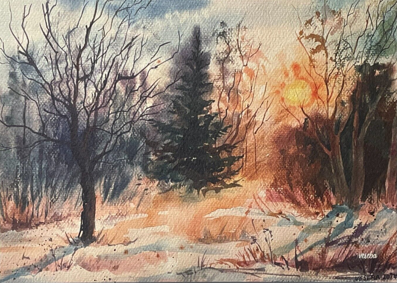 Art Print Watercolor Painting Winter Landscape Forest Sunset (5×7 inches) – NEW