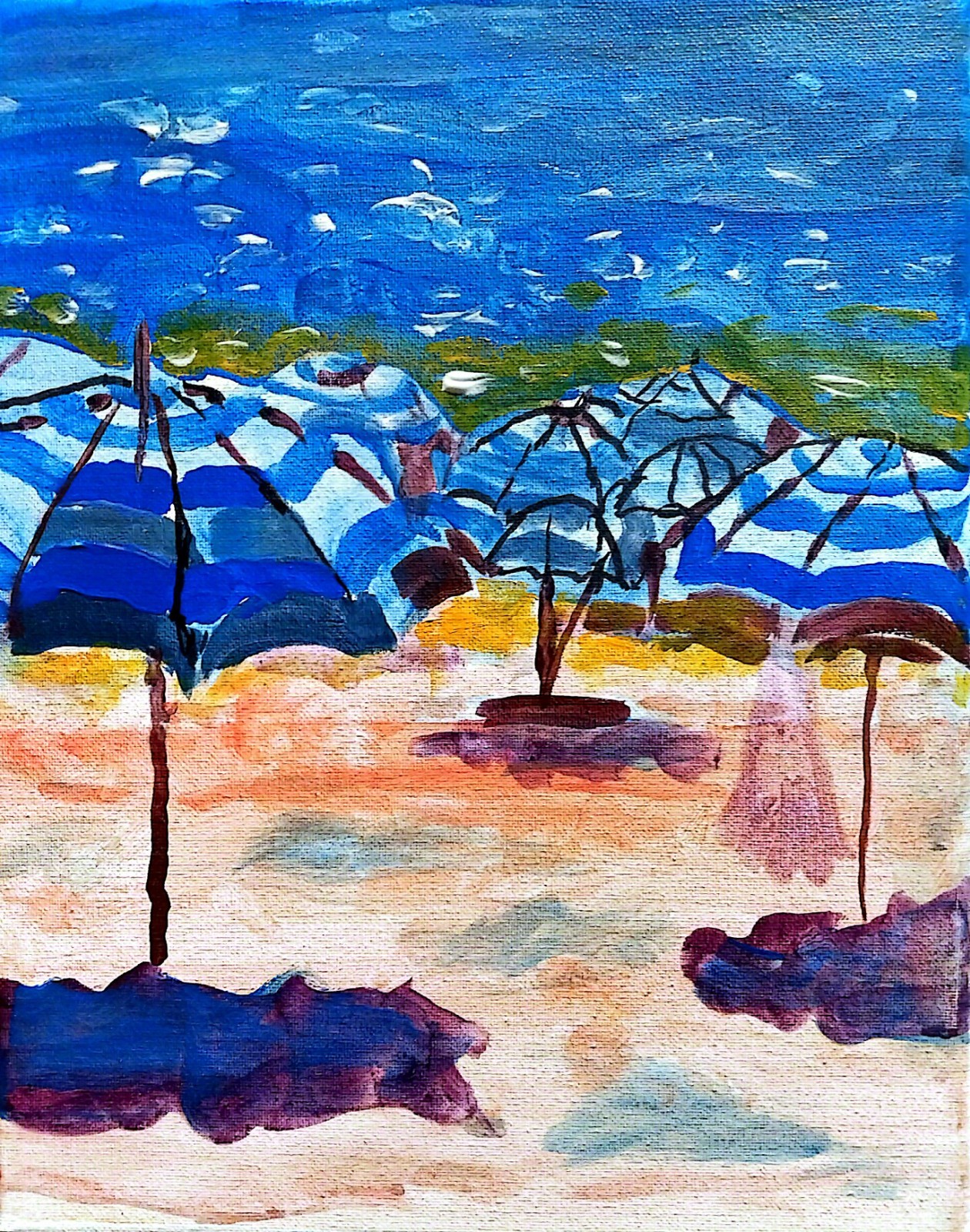 Beach Umbrellas Modern Original Signed Canvas Acrylic Wall Art 11×14 Home Decor