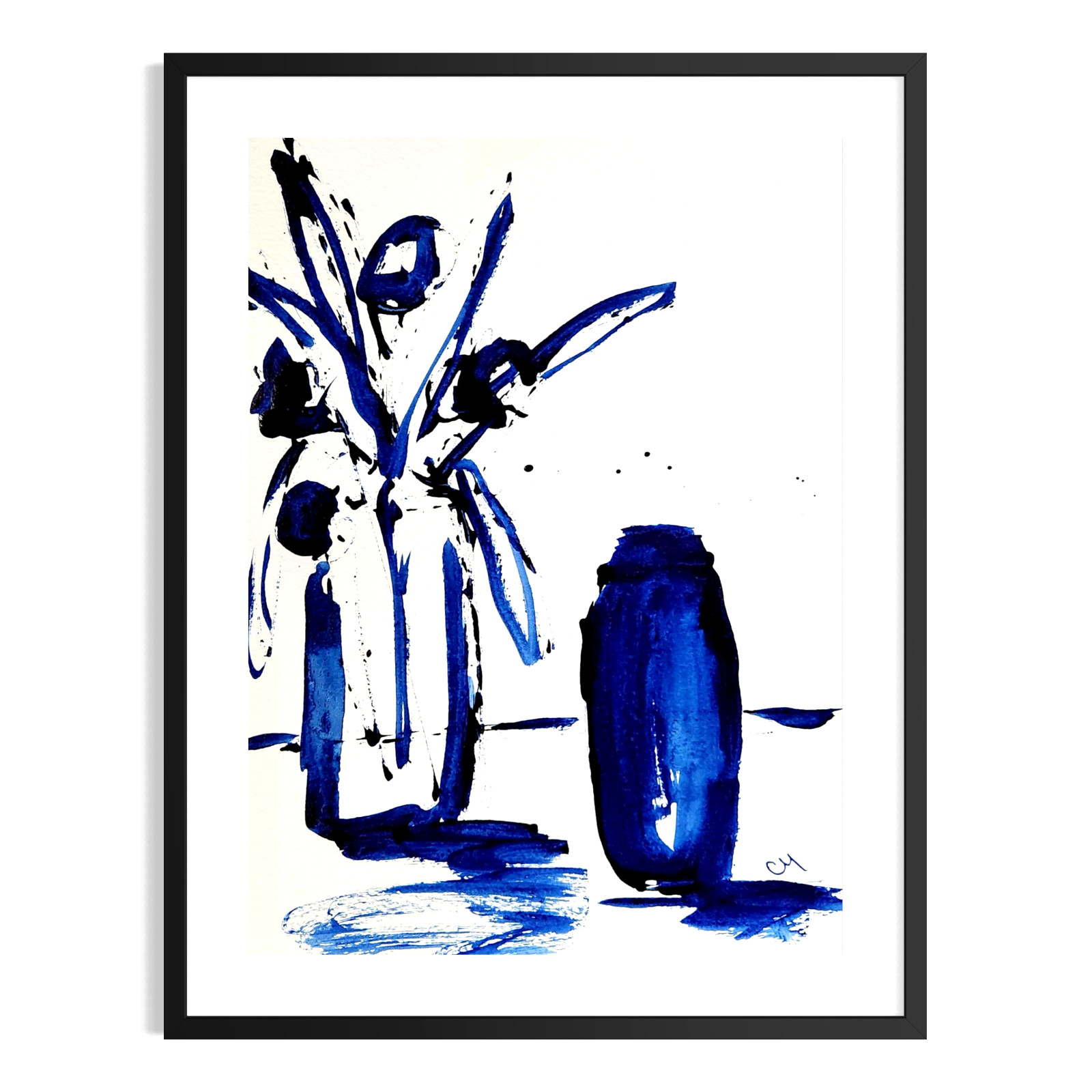 Original Minimalist 9×12 Signed Botanical Acrylic Paper Art Blue Home Decor