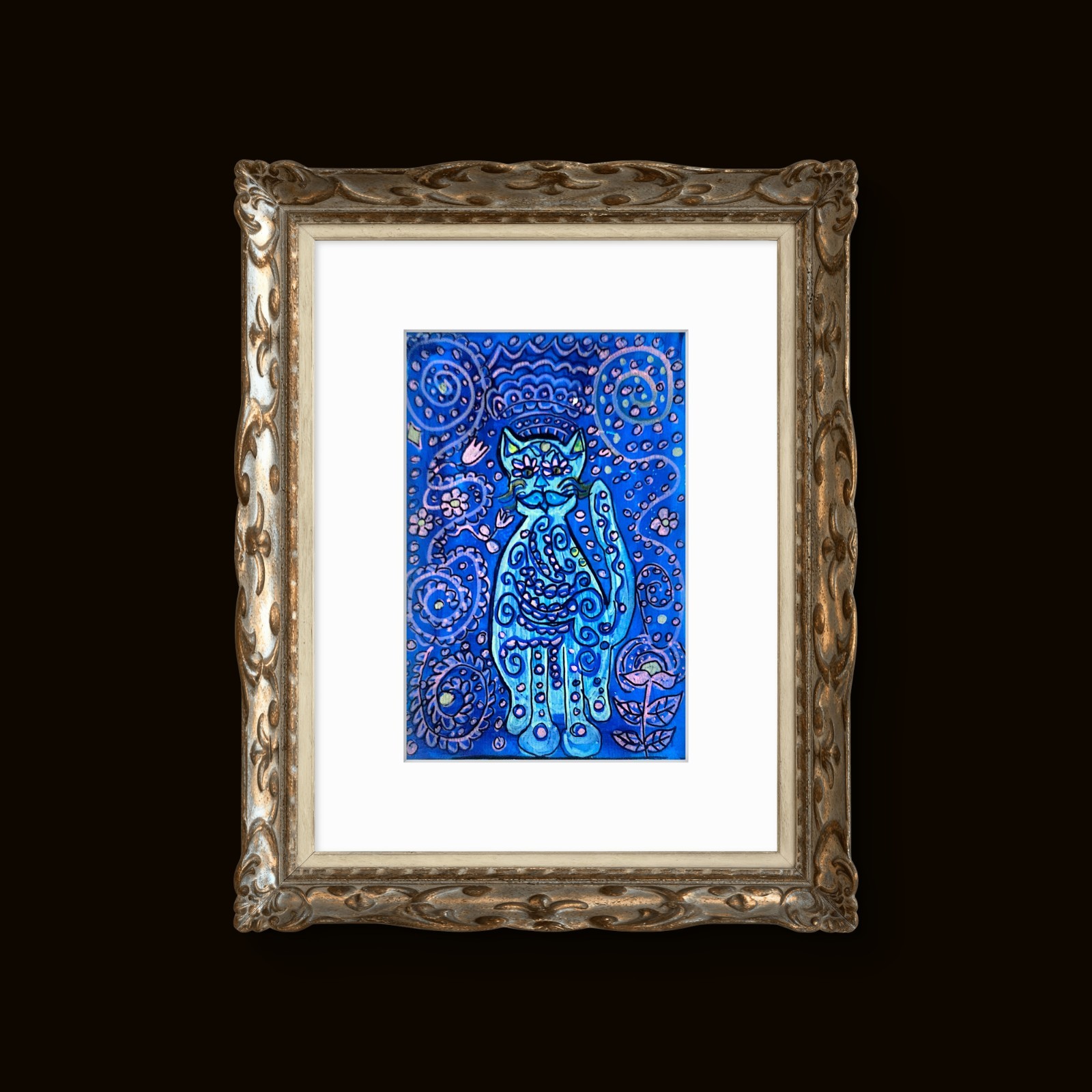 Mystical Cat Contemporary Expressionist Original Art Acrylic On Paper 9×6 Signed