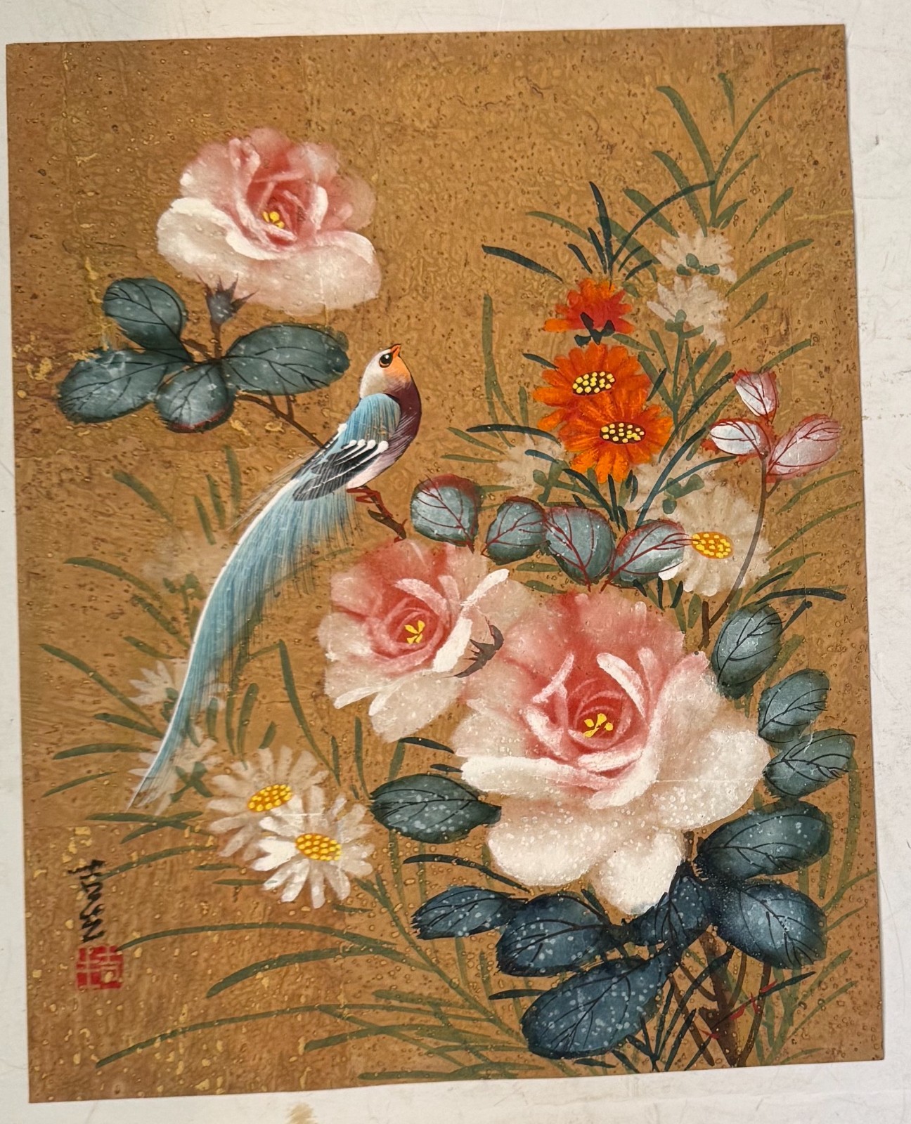 Vintage 1960s Watercolor Painting Bird & flowers 8 x 10 On Paper Japan