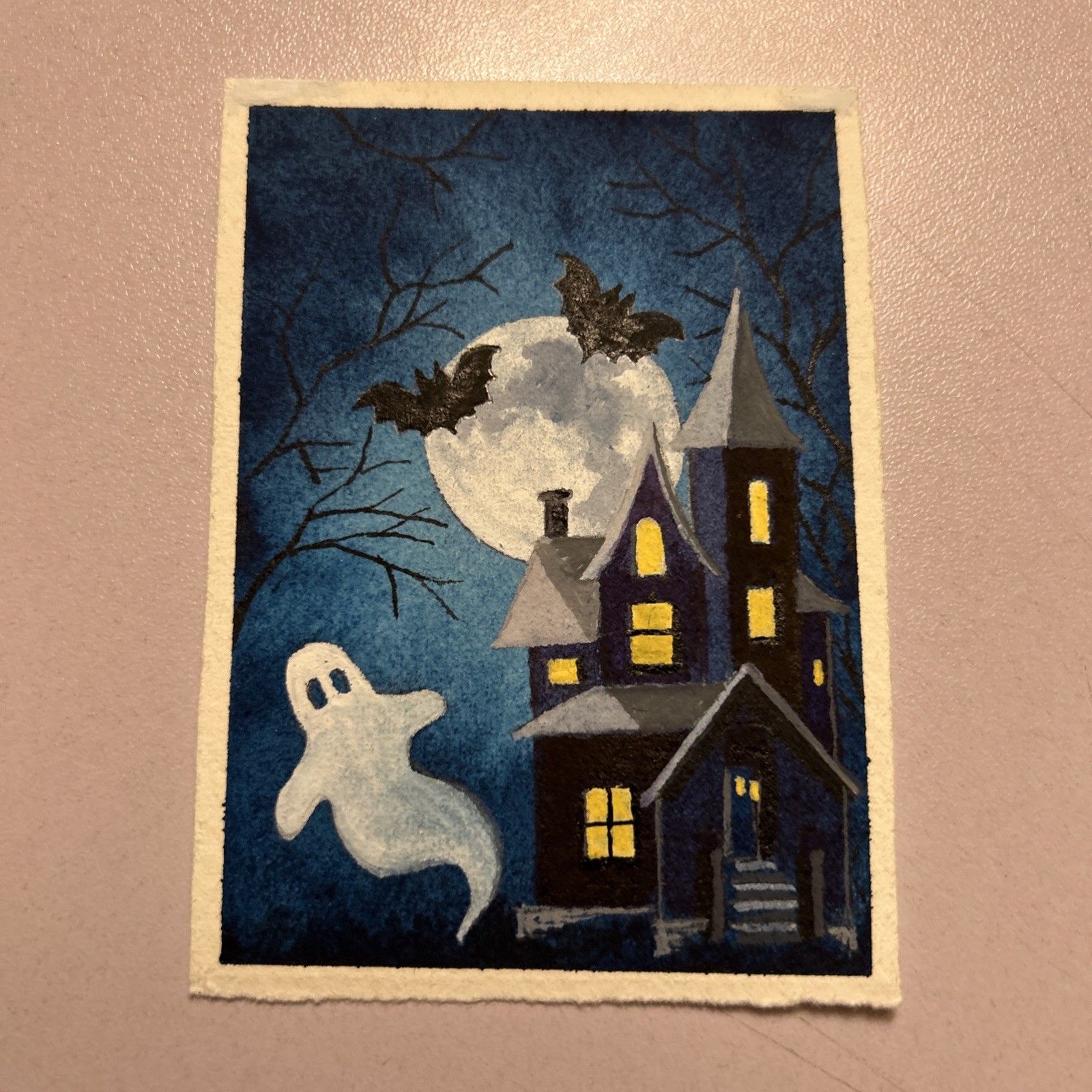ACEO Art Card original, Watercolor, Painting, Haunted House Free Shipping New .
