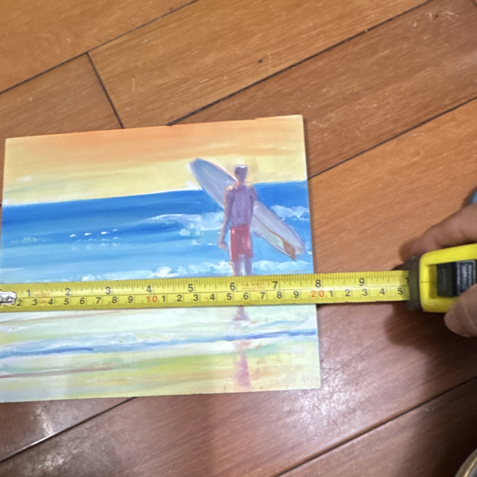 JJ Signed Original Painting Surfer Beach Seascape on Wood Panel, 7x8in