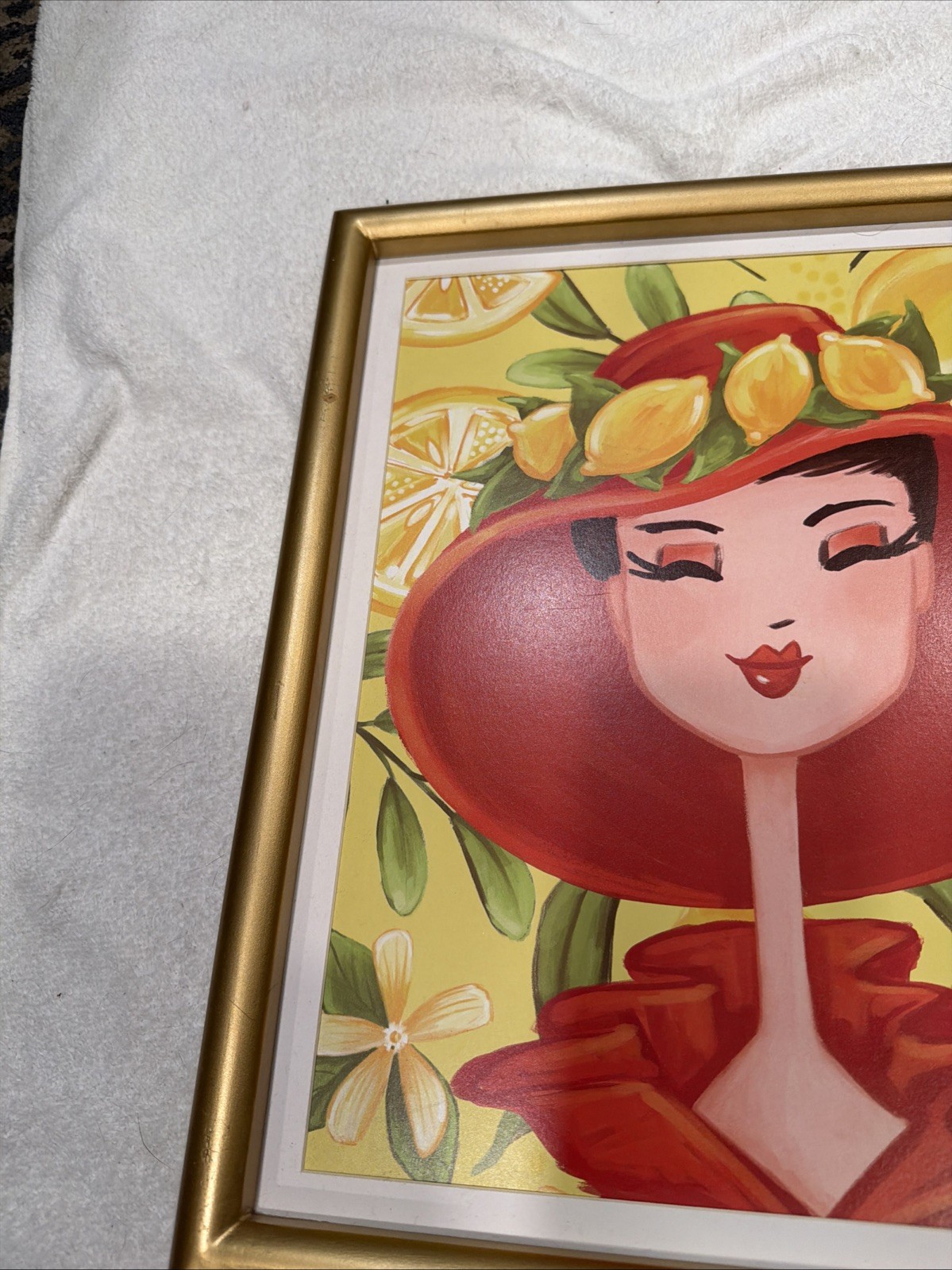 Jacque Pierro Lemon Lady Portrait in Gold Frame Bright Yellow Background 16″ H