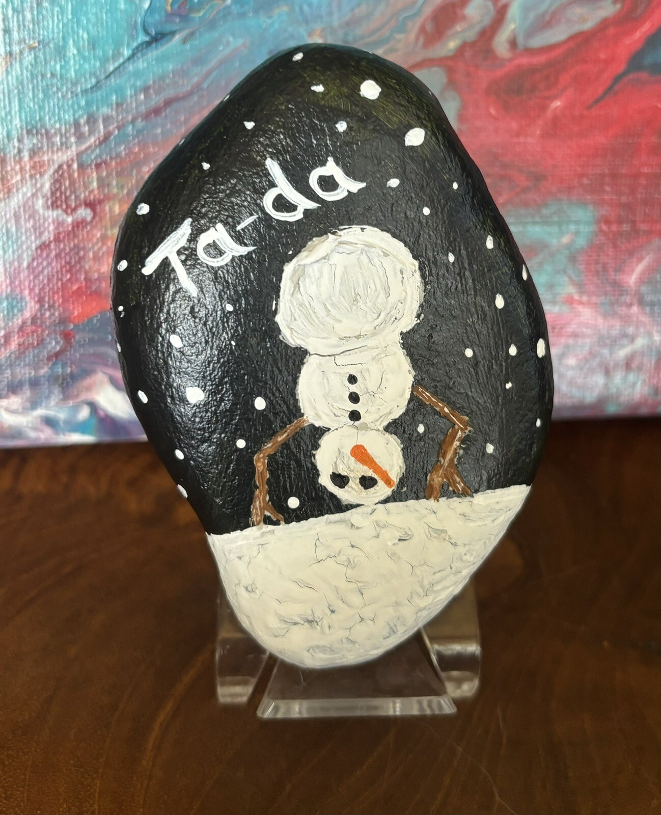 Hand Painted Rock/Stone «Fun Snowman» Collectible Garden Decor Art OOAK