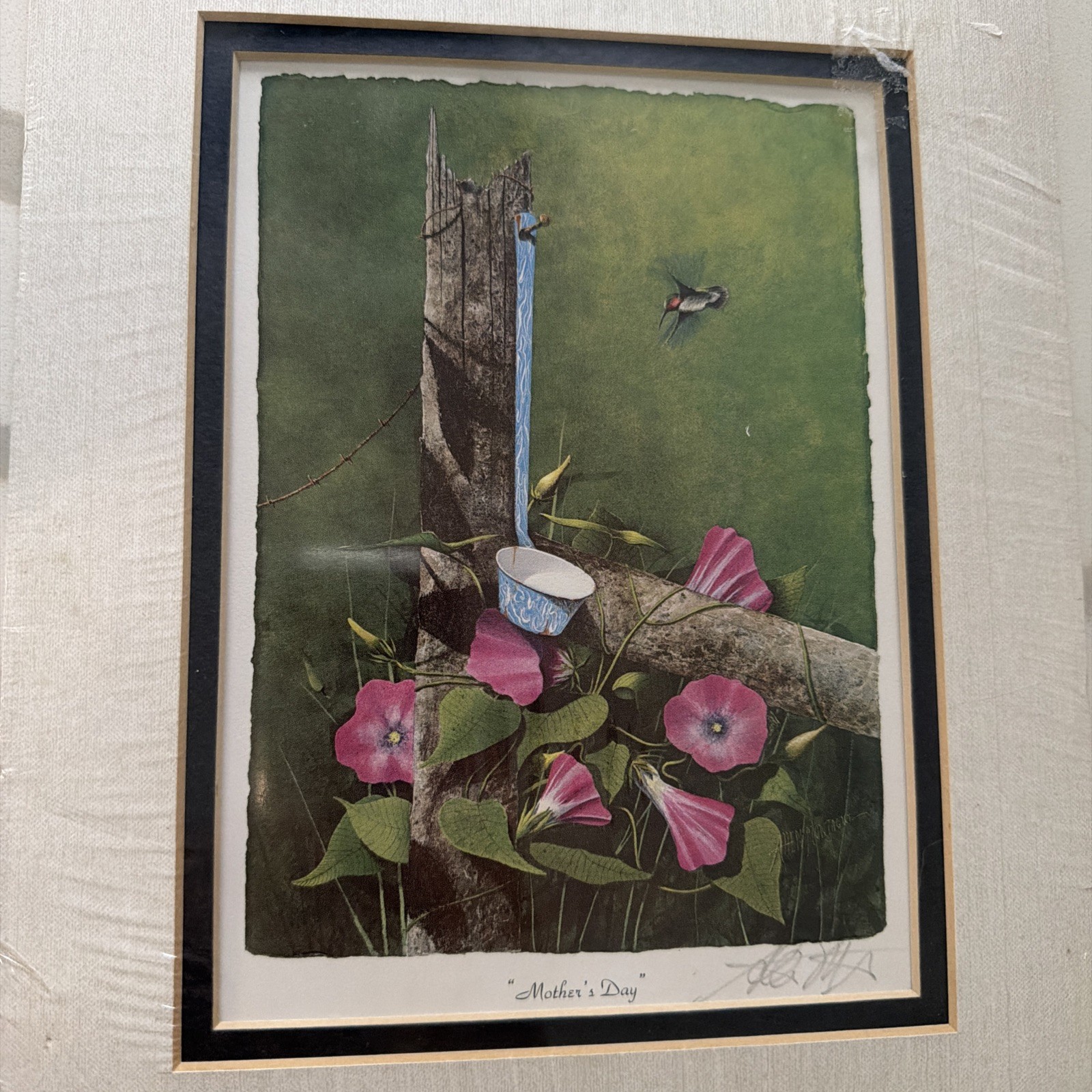 Vintage Signed Allen Montague “Mother’s Day” Print Hummingbird Floral Farmhouse