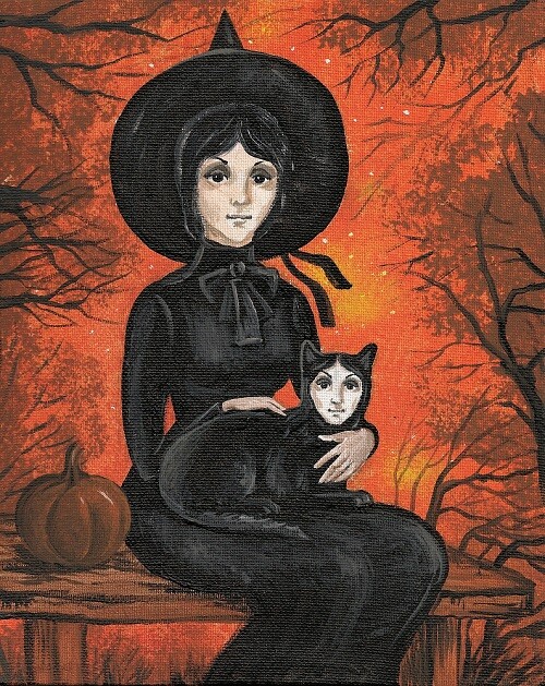 8×10 print of painting Ryta Halloween witch portrait black cat Salem folk art 🍁