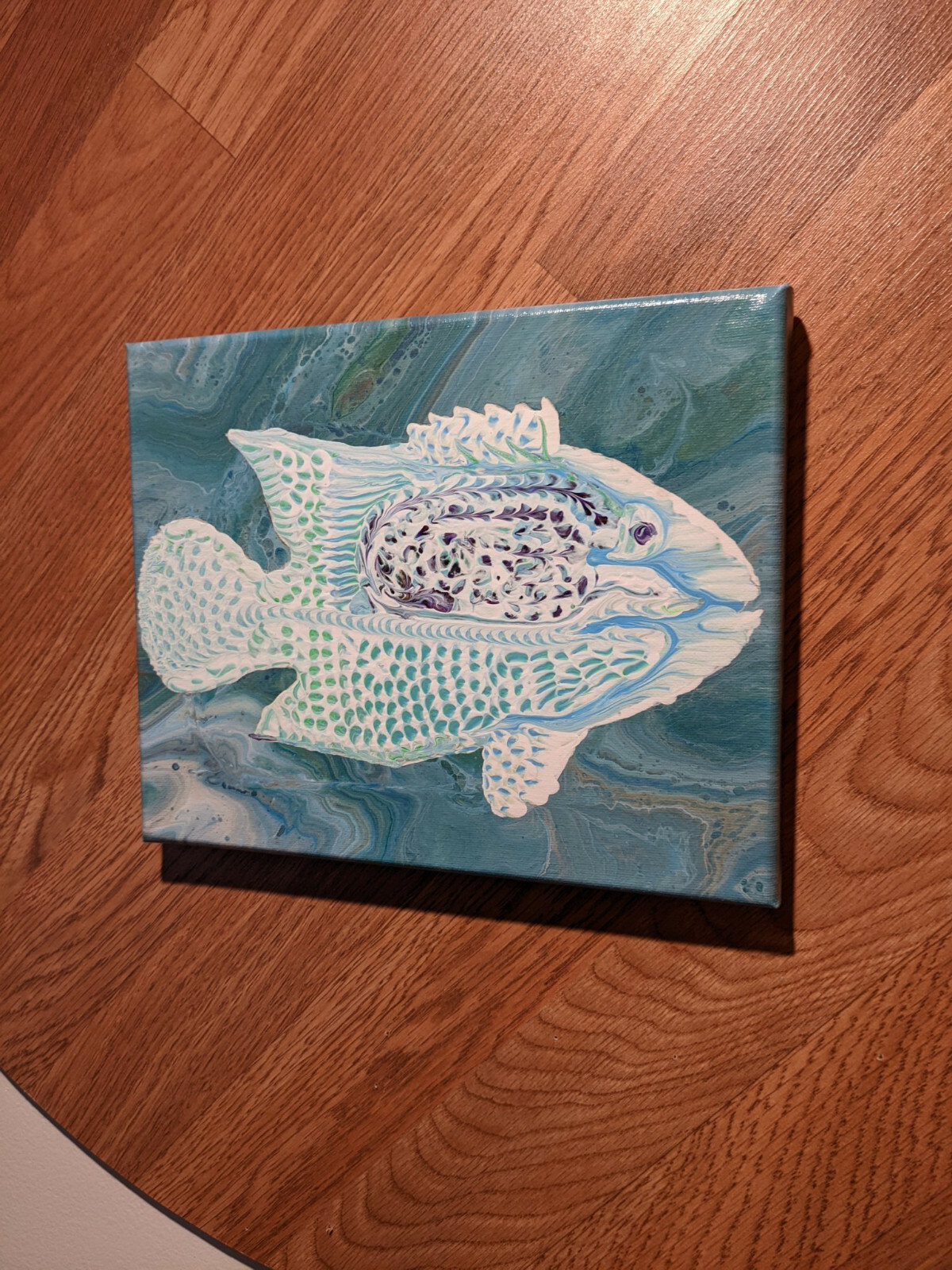 Original Acrylic Fluid Pour Painting of Fish, Title White Damsel, 8×10 Canvas