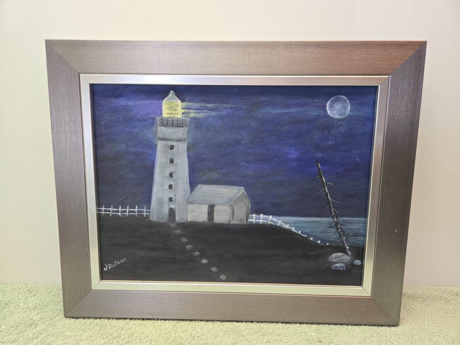 ORIGINAL Oil Painting Canvas Signed J Dotson Folk Art Seascape Lighthouse