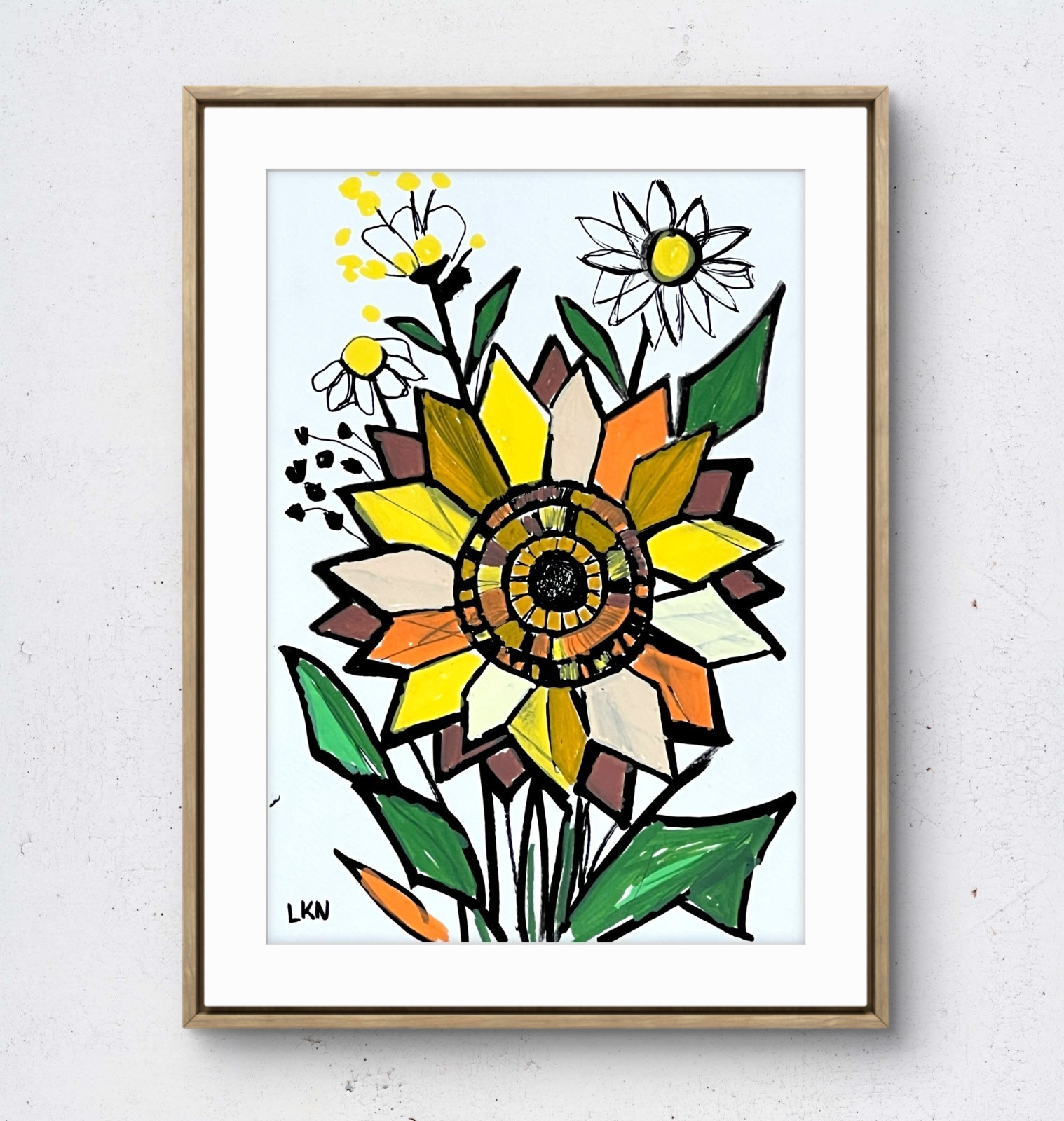 Laeknapes 7X10 Original Sunflower Floral Abstract Paper Painting Wall Decor