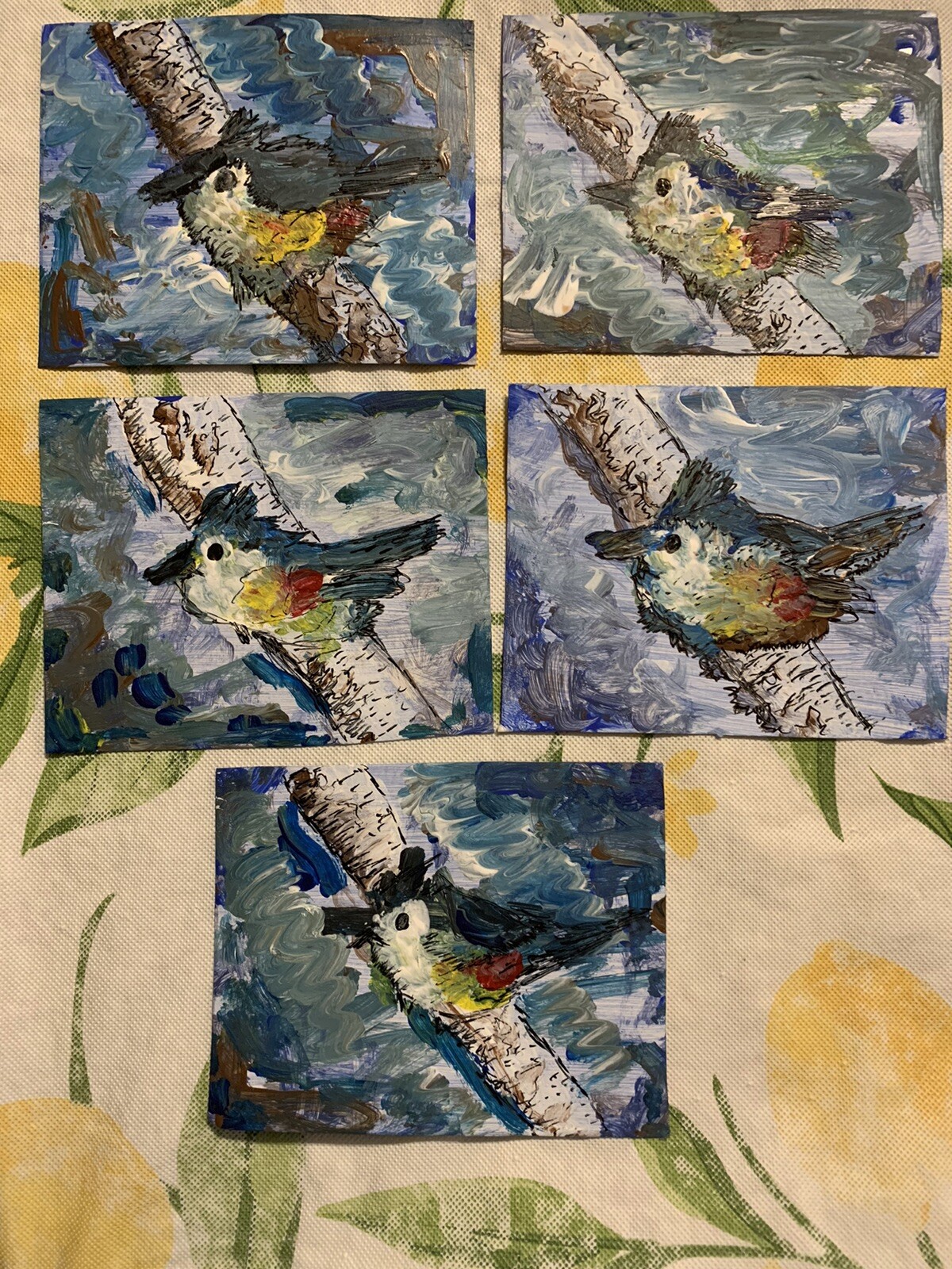 Original Artwork Blue Bird Titmouse Birds Animal ACEO Handmade Signed By Artist