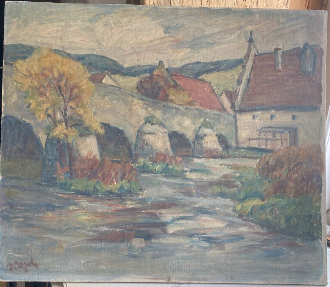 Oil Painting Undeutl. Sign Village View At Bach With Old Stone Bridge Harburg?