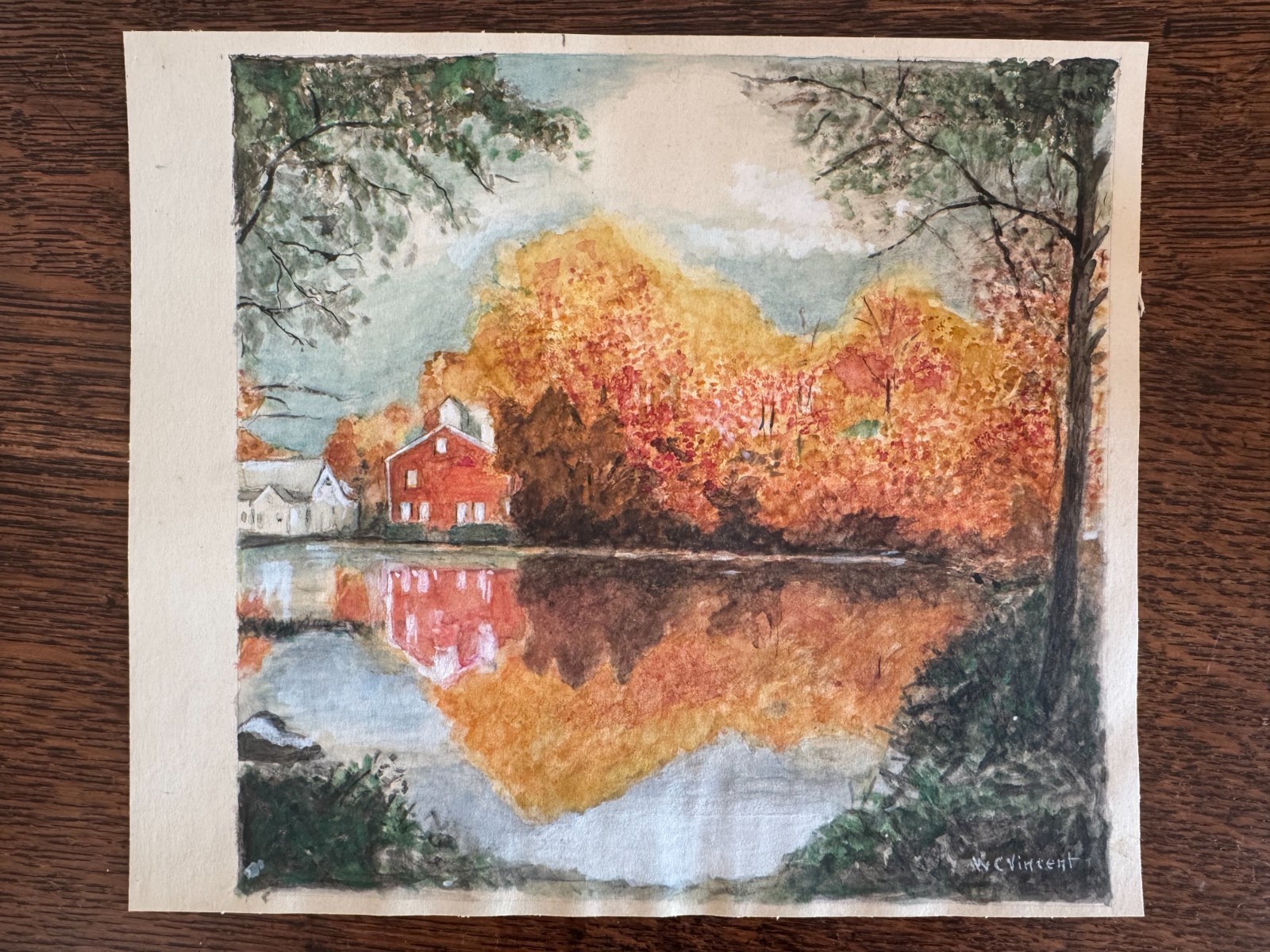 Vintage 1920s Watercolor Painting Autumn Fall Landscape Signed WC Vincent 8×9.5