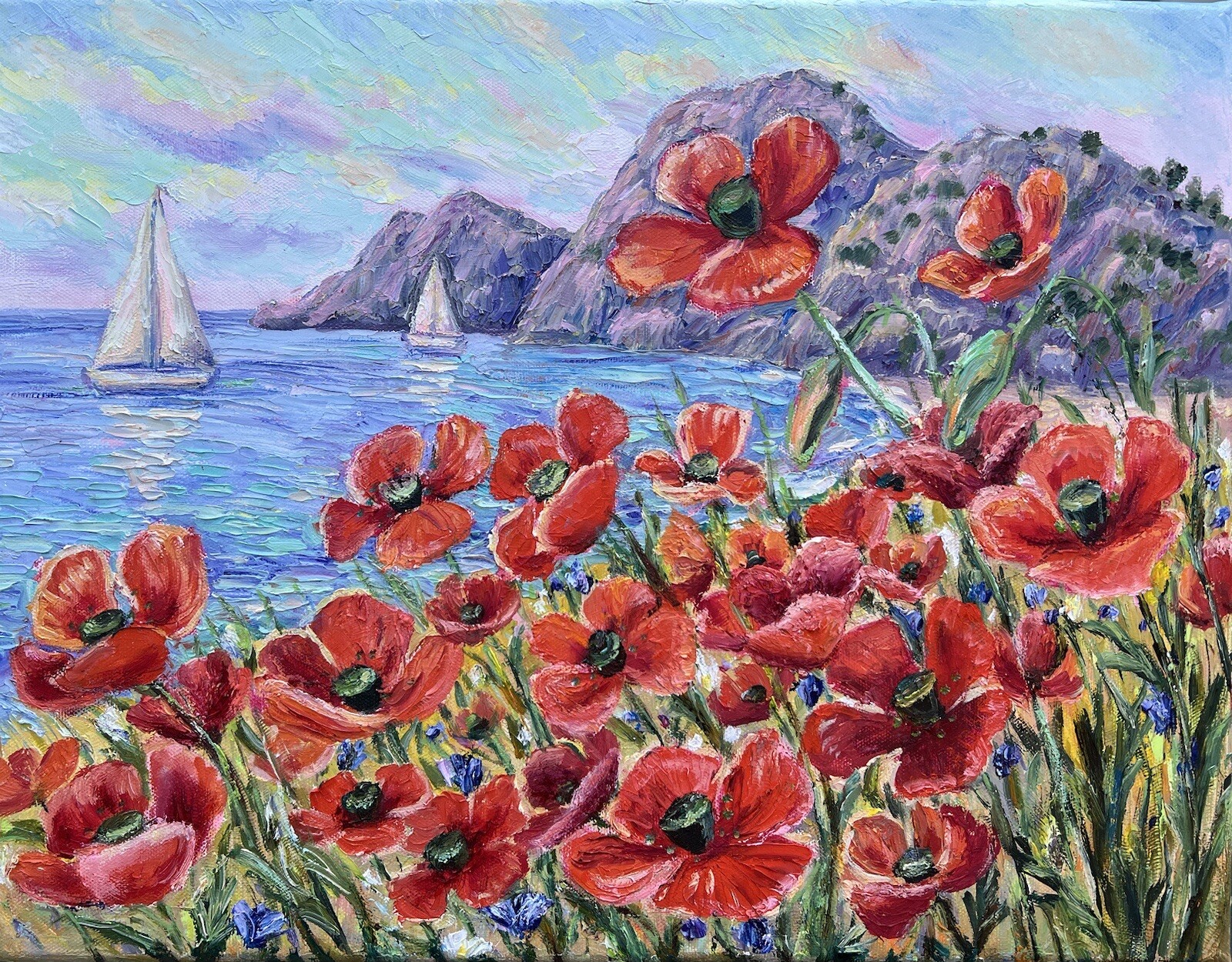Original Floral Seascape Oil Painting Poppy Flower Art 14×18 Coastal Wall Decor