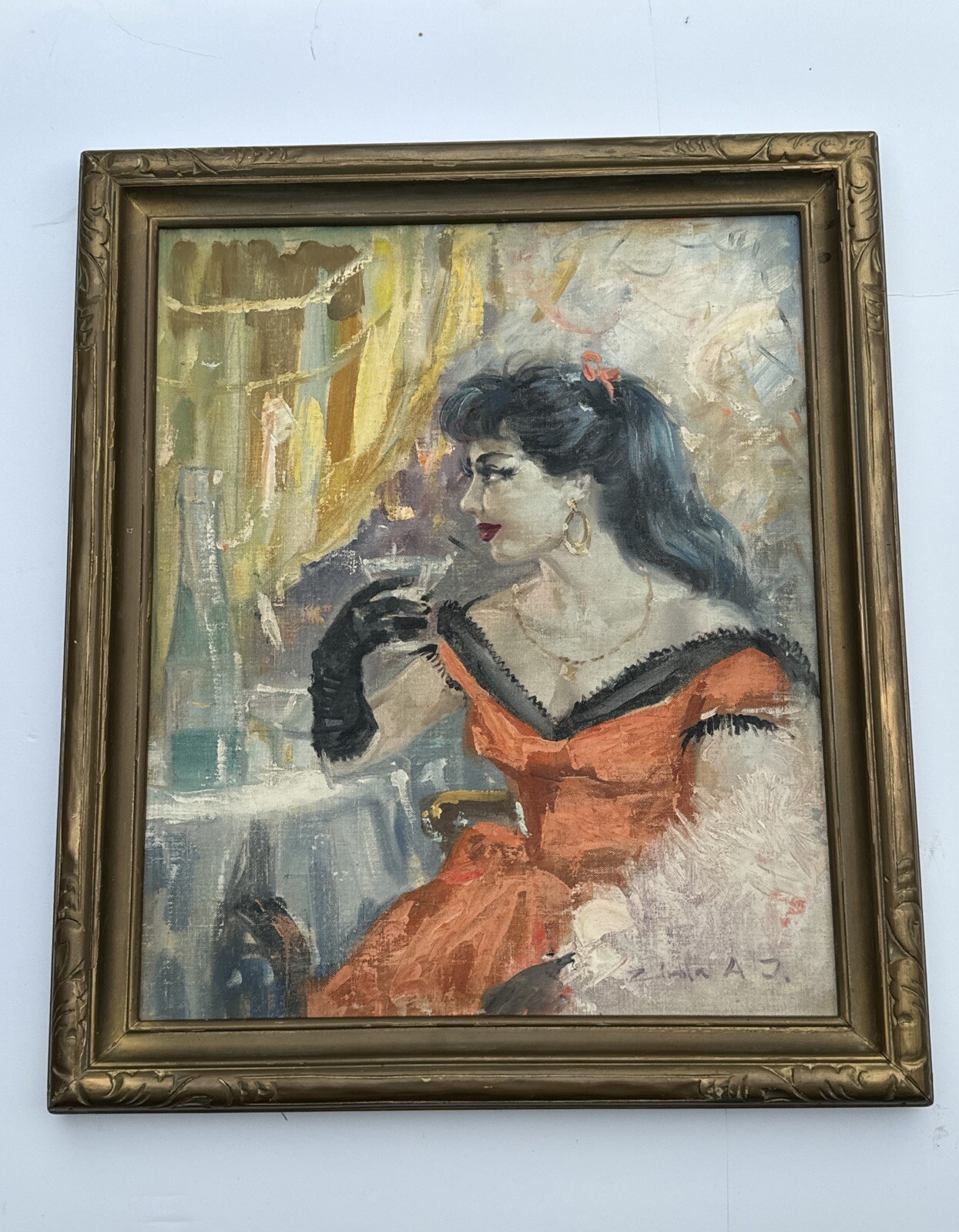 ANTIQUE PORTRAIT PAINTING IMPRESSIONISM PRETTY WOMAN FEMALE MODEL MID CENTURY