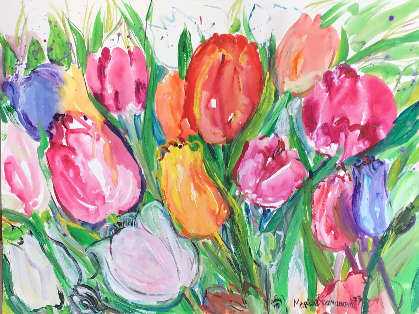 Tulips garden 4.Original Watercolor Painting