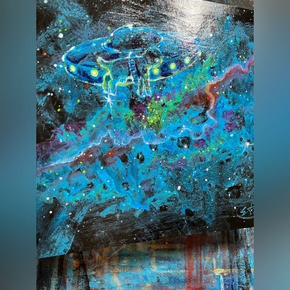 Original UFO Cat Painting Art UAP Space cat Artwork galaxy Sci-Fi Artettina USA