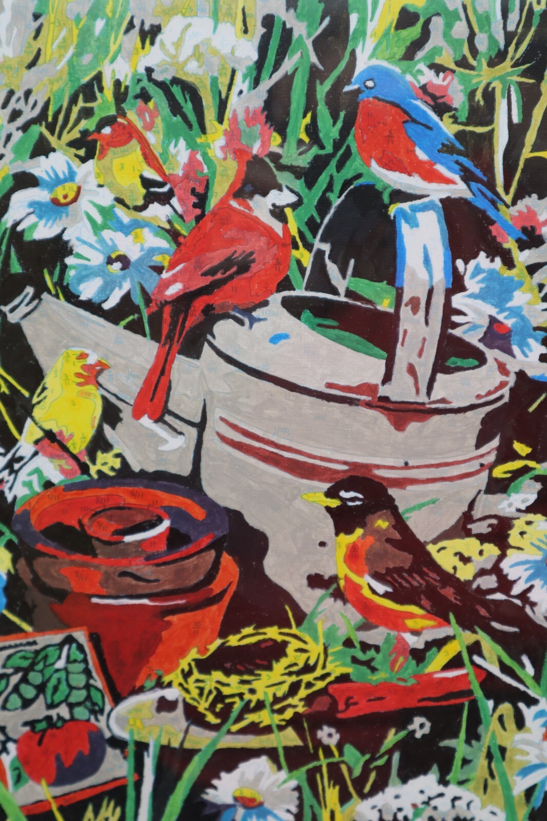Completed Paint by Number Acrylic Framed Birds in Garden Colorful Nature
