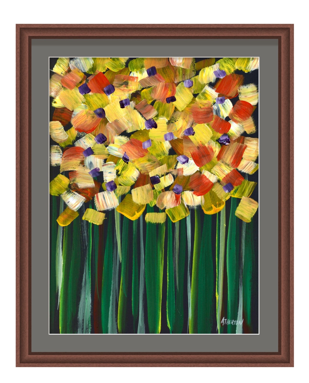 Atherton 9×12 Original Floral Abstract Painting «Stick Flowers 2 Yellow» signed